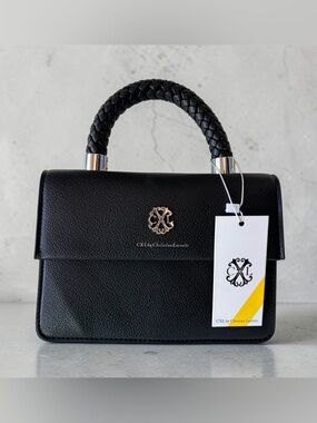 Christian Lacroix Black Braided-Handle Leather Satchel with Gold Logo